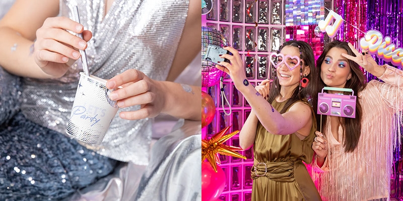 Θεματικό disco πάρτι με λαμπερές λεπτομέρειες και φωτογραφικό booth με props. Ιδέες για πάρτι από το HappyTeapot.gr.